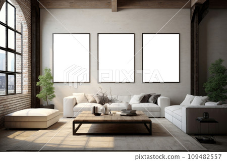 Scandinavian-style living room interior with sofas and mock-ups of paintings on the wall 109482557