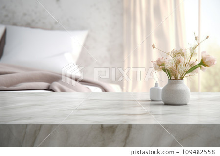 Marble table with vase on the background of window and bed, place for text Marble table with vase on the background of window and bed, place for text 109482558
