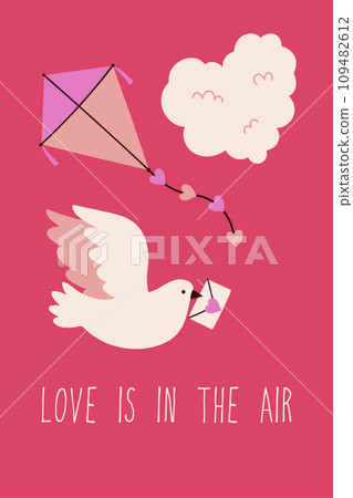 Valentine s day poster or card with dove, cloud and flying kite. Vector graphics. Valentine s day poster or card with dove, cloud and flying kite. Vector graphics. 109482612