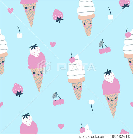 Cute seamless pattern with cherry and strawberry ice cream. Vector graphics. 109482618