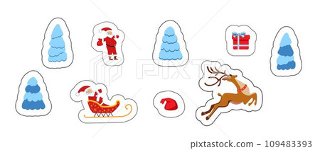 Cute New Year and Christmas themed stickers. Santa Claus on a sleigh with a deer and gifts. Christmas tree Cute New Year and Christmas themed stickers. Santa Claus on a sleigh with a deer and gifts. Christmas tree 109483393