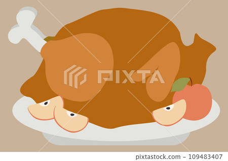 Happy Thanksgiving celebration design with roasted Turkey or chicken with Apples Vector illustration. Autumn traditional Holiday Dinner. Restaurant menu Flat Template isolated on white. Tasty food 109483407