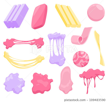 Bubble gum splashes set. Cartoon chewy sweet candies. Stains and sticky stretchy forms. Children bubblegum. Vector illustration Bubble gum splashes set. Cartoon chewy sweet candies. Stains and sticky stretchy forms. Children bubblegum. Vector illustration 109483590
