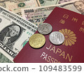 Image material of Japanese passport, American coins and US dollars 109483599