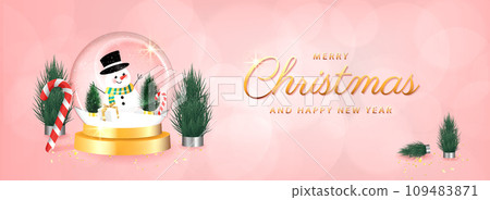 Merry Christmas and Happy New Year. Christmas winter snow glass ball, transparent dome. design Xmas green tree in snow, gift box, snowman. Vector illustration Merry Christmas and Happy New Year. Christmas winter snow glass ball, transparent dome. design Xmas green tree in snow, gift box, snowman. Vector illustration 109483871