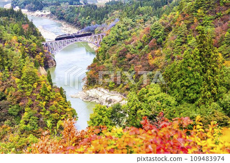 SL crossing the Daiichi Tadami River Bridge during the autumn leaves season, Mishima Town, Fukushima Prefecture SL crossing the Daiichi Tadami River Bridge during the autumn leaves season, Mishima Town, Fukushima Prefecture 109483974