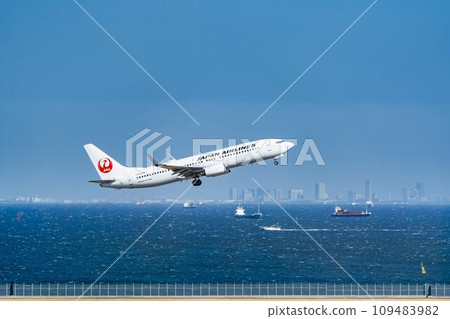 Scenery of Haneda Airport, plane taking off, Ota Ward, Tokyo 109483982