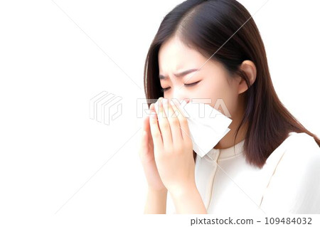 Woman blowing her nose with a tissue AI generated Woman blowing her nose with a tissue AI generated 109484032