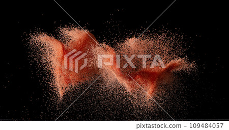 Red Sand flying explosion, particle dot grain wave explode. Abstract cloud fly. orange dried soil colored sand splash throwing in Air. Black background Isolated Red Sand flying explosion, particle dot grain wave explode. Abstract cloud fly. orange dried soil colored sand splash throwing in Air. Black background Isolated 109484057