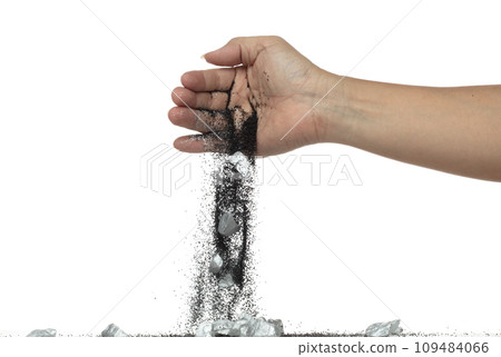 Silver ore nugget fall from industrial Miner hand fingers. Many pieces Silver nugget ore stone gravel found in hand of silver Mining industry. White background Isolated throwing freeze stop motion 109484066