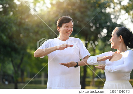 Happy middle age couple looking at each other while working out with Tai Chi in the morning Happy middle age couple looking at each other while working out with Tai Chi in the morning 109484073