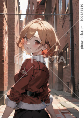 A girl in red clothes walking through a brick town A girl in red clothes walking through a brick town 109484349