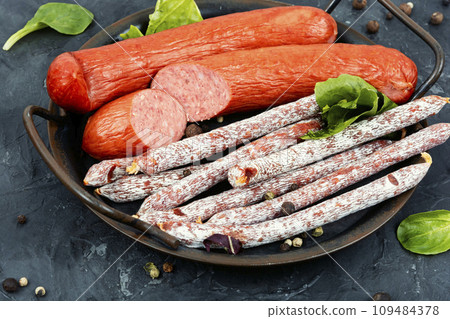 Dry smoked sausages, salami, kabanos 109484378