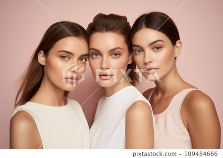 AI-generated content. Skin care concept - diverse group of naturally beautiful females, pale pink background 109484666
