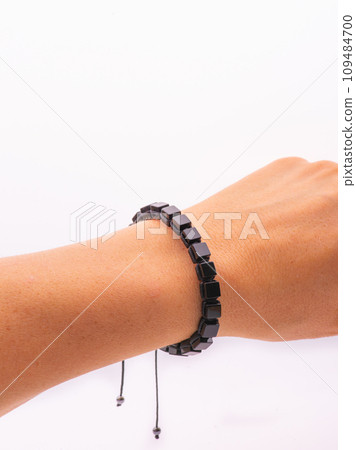 Natural stone jewelry bracelets. Lucky bracelet isolated on white background. Handmade bead bracelet, bracelet made of stone round, Colorful, studio quality, agate, lava 109484700