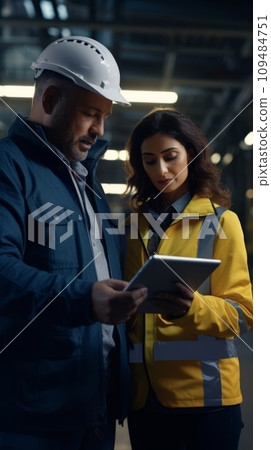 Engineer and worker use tablet 109484751