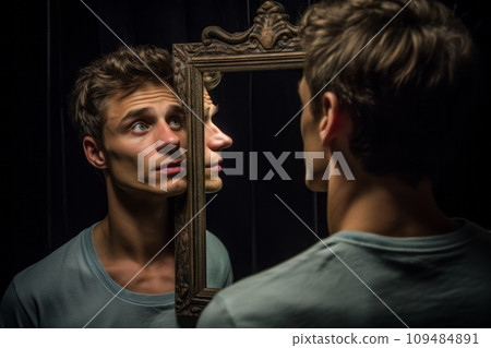 A young man looks at his reflection in the mirror A young man looks at his reflection in the mirror 109484891