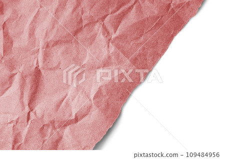 Recycled crumpled red paper texture with a diagonal torn edge isolated on white background Recycled crumpled red paper texture with a diagonal torn edge isolated on white background 109484956