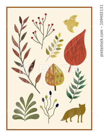 Scandinavian style poster with leaves and little birds vector illustration 109485131