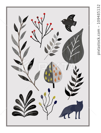 Scandinavian style poster with leaves and little birds vector illustration 109485132