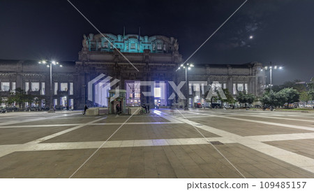 Panorama showing Milano Centrale night timelapse - the main central railway station of the city of Milan in Italy. 109485157