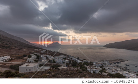 Panorama showing sunset on Amorgos island aerial timelapse from above. Greece 109485271