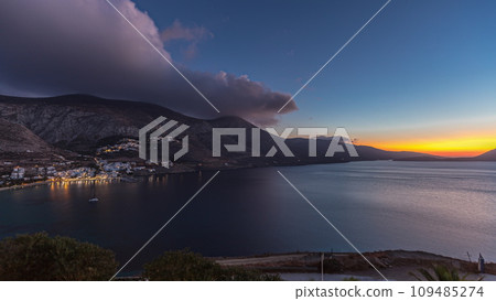 Panorama showing Amorgos island aerial day to night timelapse from above. Greece 109485274