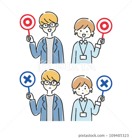 持有圓圈和十字標籤的商務男士和女士 109485323