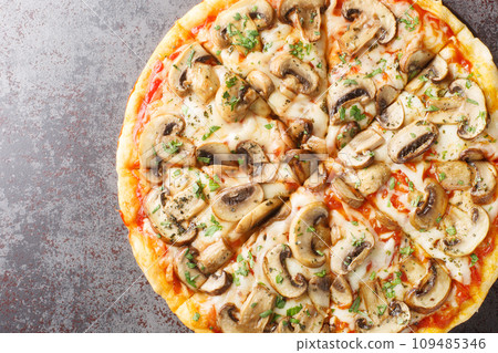 Pizza ai funghi or Pizza with Mushrooms with tomato sauce, mozzarella, herbs and garlic close-up on a wooden board. Horizontal top view 109485346