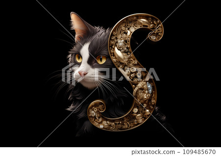 Cat and alphabet - S (black background) 109485670