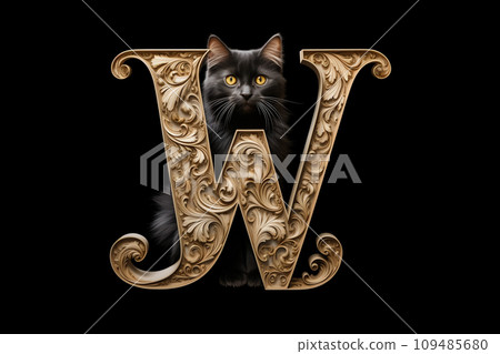 Cat and alphabet - W (black background) 109485680