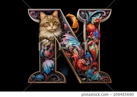 Cat and alphabet - N (black background) 109485690