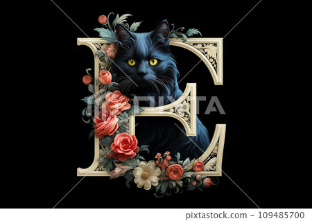 Cat and alphabet - E (black background) 109485700