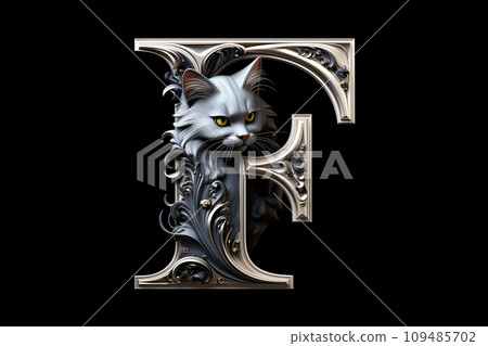 Cat and alphabet - F (black background) 109485702
