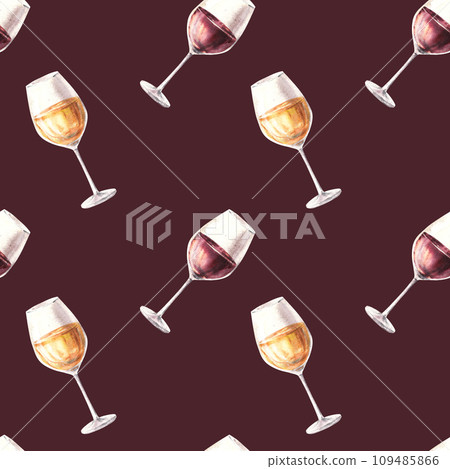 Watercolour seamless pattern with glasses of white and red wine. Hand drawn illustration. Winemaking label, wine list, bar, restaurant menu, packing, wallpaper, textiles. Isolated on dark background. Watercolour seamless pattern with glasses of white and red wine. Hand drawn illustration. Winemaking label, wine list, bar, restaurant menu, packing, wallpaper, textiles. Isolated on dark background. 109485866