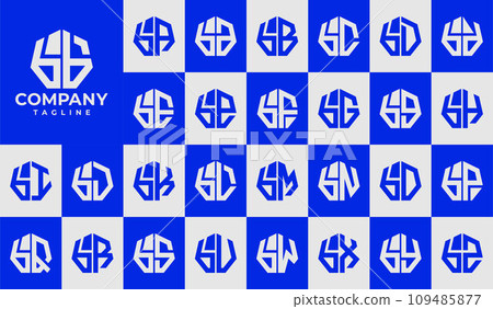 Modern line heptagon lowercase letter B BB logo design set 109485877