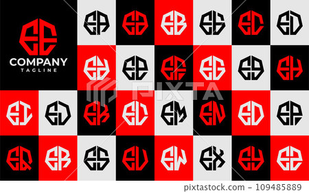 Set of line heptagon abstract letter E EE logo design 109485889