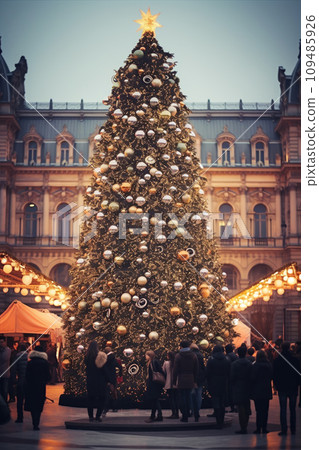 Christmas tree and people. Miniature of the old town during the holidays. City model Christmas tree and people. Miniature of the old town during the holidays. City model 109485926