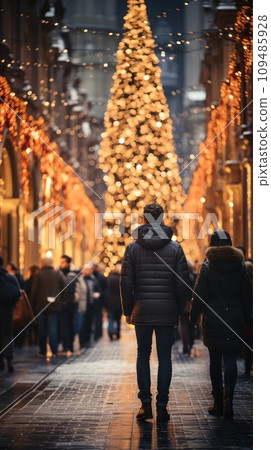 People in Christmas street near a decorated illuminated tree, People in Christmas street near a decorated illuminated tree, 109485928