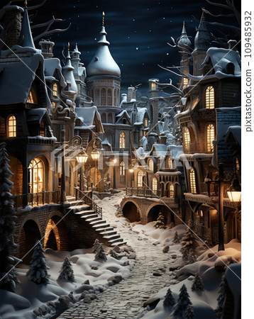 Miniature Street in a Christmas nigh. Winter in the tiny model of old town. Miniature Street in a Christmas nigh. Winter in the tiny model of old town. 109485932