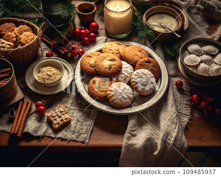 Tasty homemade Christmas cookies on the table. Gingerbread. Top view Tasty homemade Christmas cookies on the table. Gingerbread. Top view 109485937