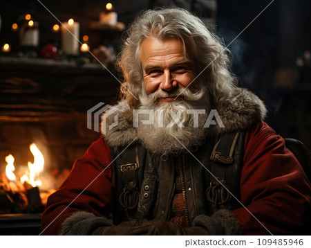 Santa Claus in his house next to the fireplace resting in armchair. 109485946