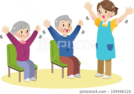 老年人和工作人員坐在椅子上做健康練習 109486128