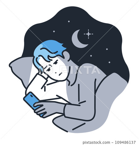 Simple vector illustration material of a young man looking at his smartphone in the middle of the night 109486137
