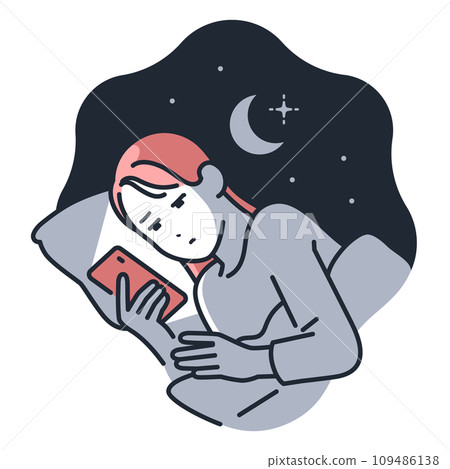 Simple vector illustration material of a young woman looking at her smartphone in the middle of the night 109486138
