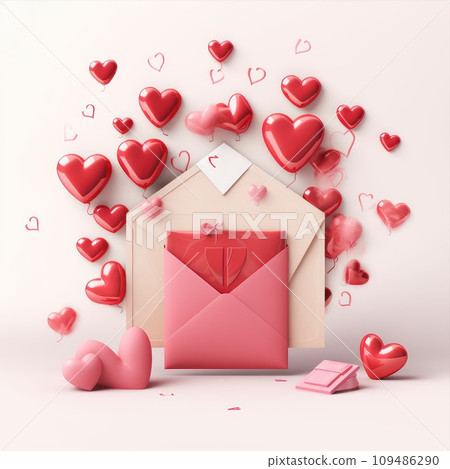 Valentine's day envelope with paper sheet isolated on white background. Valentine's day envelope with paper sheet isolated on white background. 109486290