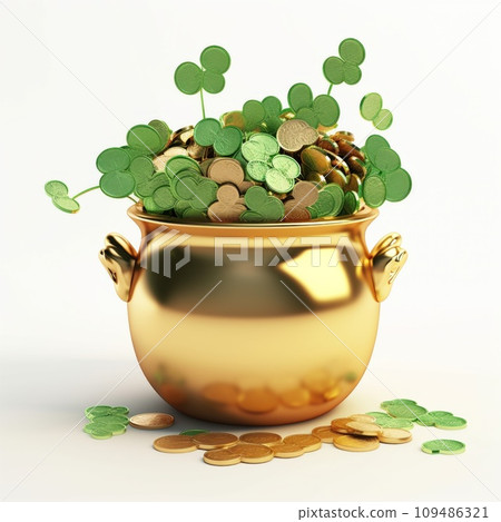 gold coins in a green pot isolated on white 109486321
