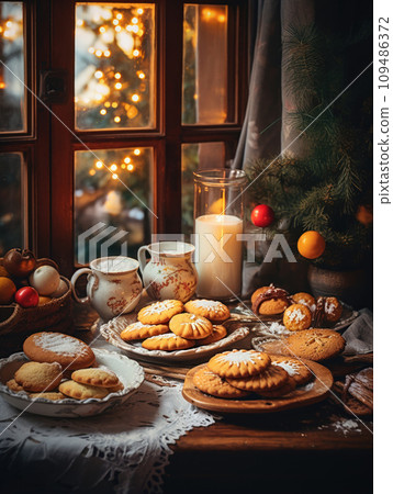 Tasty homemade Christmas cookies on a table, closeup view. Gingerbread with powdered sugar on a plate. 109486372