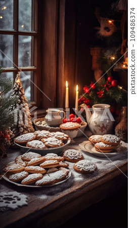 Tasty homemade Christmas cookies on the table. Gingerbread. Christmas holiday treats. 109486374