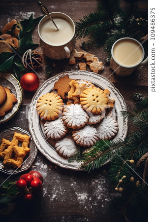 Tasty homemade Christmas cookies on the table. Gingerbread. Top view 109486375